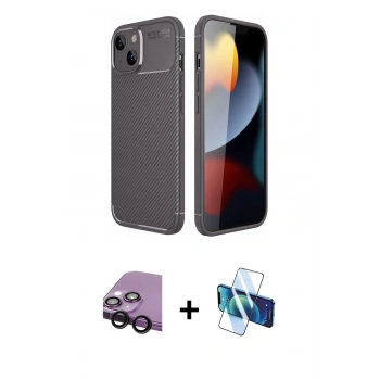 MARSİLYAN™- iPhone 14 Kılıf Eksen Form Prime - Siyah 3D Antistatik Cam Ekran Koruyucu + Raze Metal Kamera Lens - SH