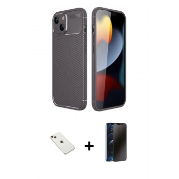 MARSİLYAN™- iPhone 14 Kılıf Eksen Form Prime - Siyah 3D Antistatik Hayalet Cam Ekran Koruyucu + Diamond Kamera Lens - KI