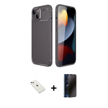 MARSİLYAN™- iPhone 14 Kılıf Eksen Form Prime - Siyah 3D Antistatik Hayalet Cam Ekran Koruyucu + Diamond Kamera Lens - SABE