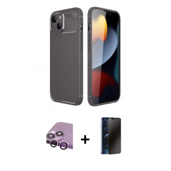 MARSİLYAN™- iPhone 14 Kılıf Eksen Form Prime - Siyah 3D Antistatik Hayalet Cam Ekran Koruyucu + Raze Metal Kamera Lens - MR