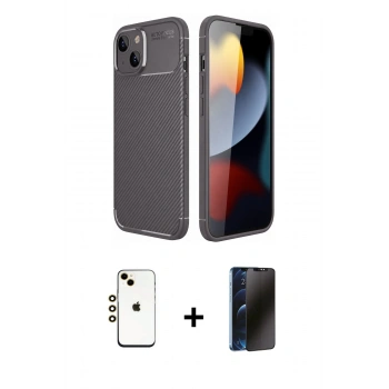 MARSİLYAN™- iPhone 14 Kılıf Eksen Form Prime - Siyah 3D Antistatik Hayalet Cam Ekran Koruyucu + Shine Kamera Lens - GD