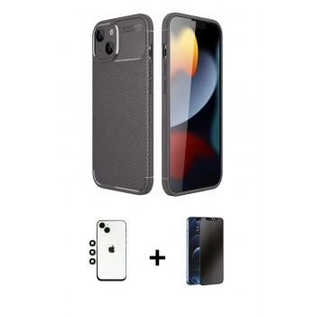 MARSİLYAN™- iPhone 14 Kılıf Eksen Form Prime - Siyah 3D Antistatik Hayalet Cam Ekran Koruyucu + Shine Kamera Lens - YL