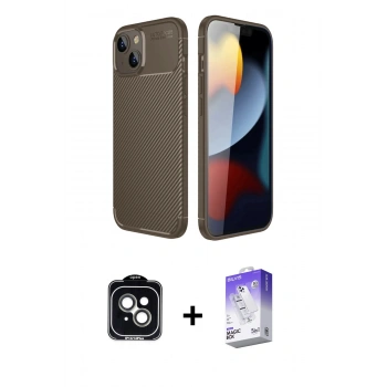 MARSİLYAN™- iPhone 14 Kılıf Eksen Form Prime - Siyah Bilvis 5in1 3D Magic Cam Ekran Koruyucu + PVD Metal Kamera Lens - YL