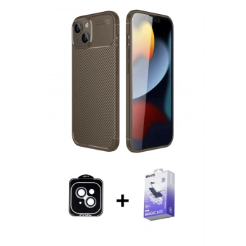 MARSİLYAN™- iPhone 14 Kılıf Eksen Form Prime - Siyah Bilvis 5in1 5D Magic Hayalet Cam Ekran Koruyucu + PVD Metal Kamera Lens - MI