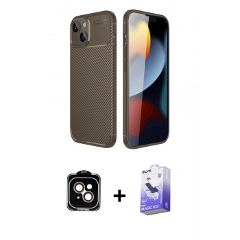 MARSİLYAN™- iPhone 14 Kılıf Eksen Form Prime - Siyah Bilvis 5in1 5D Magic Hayalet Cam Ekran Koruyucu + PVD Metal Kamera Lens - TU