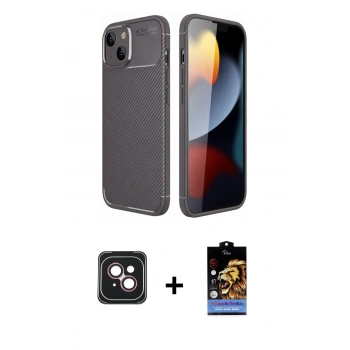 MARSİLYAN™- iPhone 14 Kılıf Eksen Form Prime - Siyah Buffer Hayalet Cam Ekran Koruyucu + PVD Metal Kamera Lens - PE