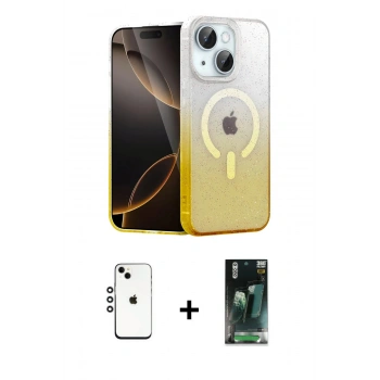 MARSİLYAN™- iPhone 14 Kılıf Eksen Minimal Özel Seri - Şeffaf 360 Full Body Arka Koruyucu + Shine Kamera Lens - GS