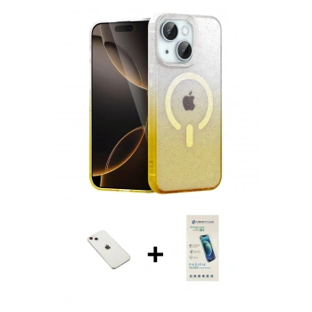 MARSİLYAN™- iPhone 14 Kılıf Eksen Minimal Özel Seri - Şeffaf Pasifik Cam Ekran Koruyucu + Diamond Kamera Lens - PE