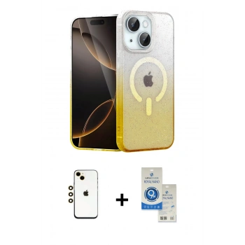 MARSİLYAN™- iPhone 14 Kılıf Eksen Minimal Özel Seri - Şeffaf Royal Nano Ekran Koruyucu + Shine Kamera Lens - GD