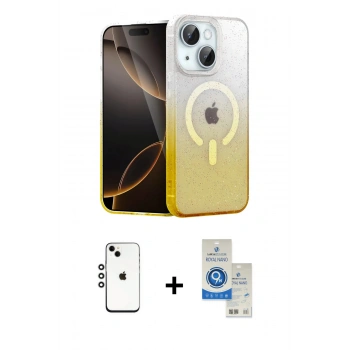 MARSİLYAN™- iPhone 14 Kılıf Eksen Minimal Özel Seri - Şeffaf Royal Nano Ekran Koruyucu + Shine Kamera Lens - GS