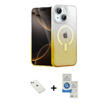 MARSİLYAN™- iPhone 14 Kılıf Eksen Minimal Özel Seri - Şeffaf Royal Nano Ekran Koruyucu + Diamond Kamera Lens - SABE