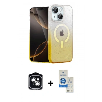 MARSİLYAN™- iPhone 14 Kılıf Eksen Minimal Özel Seri - Şeffaf Royal Nano Ekran Koruyucu + PVD Metal Kamera Lens - YL
