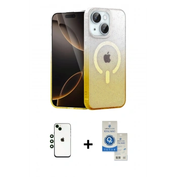 MARSİLYAN™- iPhone 14 Kılıf Eksen Minimal Özel Seri - Şeffaf Royal Nano Ekran Koruyucu + Shine Kamera Lens - YL