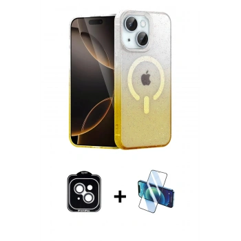 MARSİLYAN™- iPhone 14 Kılıf Eksen Minimal Özel Seri - Siyah 3D Antistatik Cam Ekran Koruyucu + PVD Metal Kamera Lens - GS