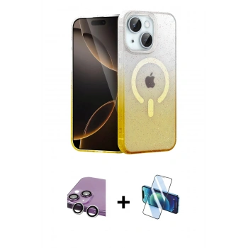 MARSİLYAN™- iPhone 14 Kılıf Eksen Minimal Özel Seri - Siyah 3D Antistatik Cam Ekran Koruyucu + Raze Metal Kamera Lens - GS