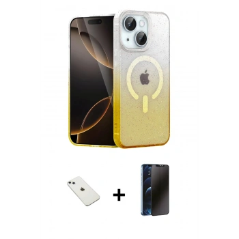 MARSİLYAN™- iPhone 14 Kılıf Eksen Minimal Özel Seri - Siyah 3D Antistatik Hayalet Cam Ekran Koruyucu + Diamond Kamera Lens - SABE