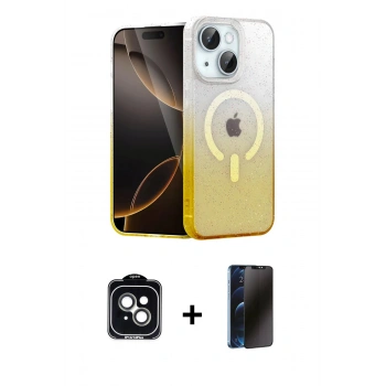 MARSİLYAN™- iPhone 14 Kılıf Eksen Minimal Özel Seri - Siyah 3D Antistatik Hayalet Cam Ekran Koruyucu + PVD Metal Kamera Lens - YL
