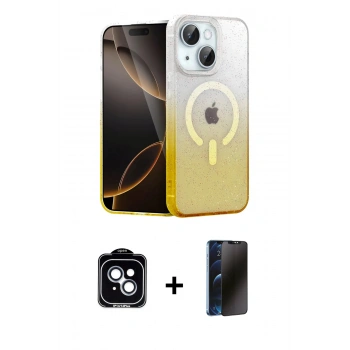 MARSİLYAN™- iPhone 14 Kılıf Eksen Minimal Özel Seri - Siyah 3D Antistatik Hayalet Cam Ekran Koruyucu + PVD Metal Kamera Lens - MI