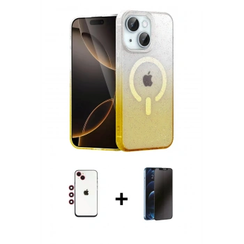 MARSİLYAN™- iPhone 14 Kılıf Eksen Minimal Özel Seri - Siyah 3D Antistatik Hayalet Cam Ekran Koruyucu + Shine Kamera Lens - KI