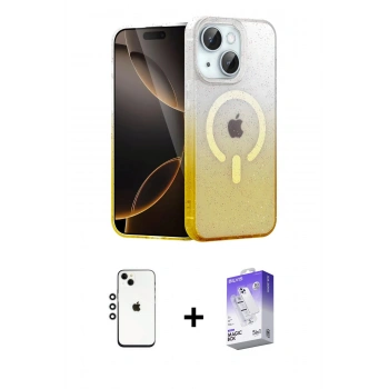 MARSİLYAN™- iPhone 14 Kılıf Eksen Minimal Özel Seri - Siyah Bilvis 5in1 3D Magic Cam Ekran Koruyucu + Shine Kamera Lens - GS