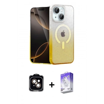 MARSİLYAN™- iPhone 14 Kılıf Eksen Minimal Özel Seri - Siyah Bilvis 5in1 3D Magic Cam Ekran Koruyucu + PVD Metal Kamera Lens - TU