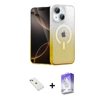 MARSİLYAN™- iPhone 14 Kılıf Eksen Minimal Özel Seri - Siyah Bilvis 5in1 3D Magic Cam Ekran Koruyucu + Diamond Kamera Lens - YL