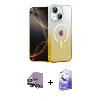 MARSİLYAN™- iPhone 14 Kılıf Eksen Minimal Özel Seri - Siyah Bilvis 5in1 5D Magic Hayalet Cam Ekran Koruyucu + Raze Metal Kamera Lens - GS