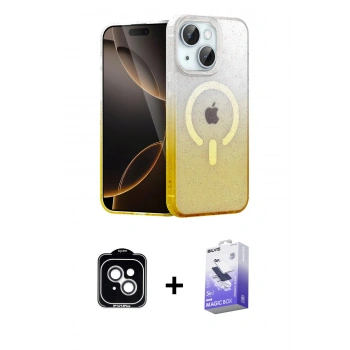 MARSİLYAN™- iPhone 14 Kılıf Eksen Minimal Özel Seri - Siyah Bilvis 5in1 5D Magic Hayalet Cam Ekran Koruyucu + PVD Metal Kamera Lens - GS