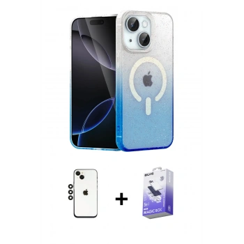 MARSİLYAN™- iPhone 14 Kılıf Eksen Minimal Özel Seri - Siyah Bilvis 5in1 5D Magic Hayalet Cam Ekran Koruyucu + Shine Kamera Lens - SH