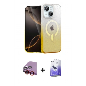 MARSİLYAN™- iPhone 14 Kılıf Eksen Minimal Özel Seri - Siyah Bilvis 5in1 5D Magic Hayalet Cam Ekran Koruyucu + Raze Metal Kamera Lens - KI