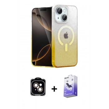 MARSİLYAN™- iPhone 14 Kılıf Eksen Minimal Özel Seri - Siyah Bilvis 5in1 5D Magic Hayalet Cam Ekran Koruyucu + PVD Metal Kamera Lens - TU