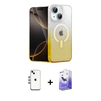 MARSİLYAN™- iPhone 14 Kılıf Eksen Minimal Özel Seri - Siyah Bilvis 5in1 5D Magic Hayalet Cam Ekran Koruyucu + Shine Kamera Lens - GI