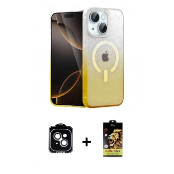 MARSİLYAN™- iPhone 14 Kılıf Eksen Minimal Özel Seri - Siyah Buffer Cam Ekran Koruyucu + PVD Metal Kamera Lens - MI