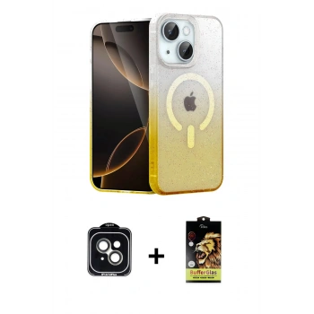 MARSİLYAN™- iPhone 14 Kılıf Eksen Minimal Özel Seri - Siyah Buffer Cam Ekran Koruyucu + PVD Metal Kamera Lens - YL