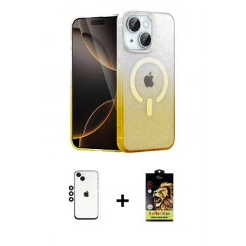 MARSİLYAN™- iPhone 14 Kılıf Eksen Minimal Özel Seri - Siyah Buffer Cam Ekran Koruyucu + Shine Kamera Lens - SH