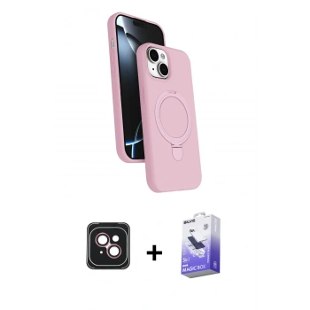 MARSİLYAN™- iPhone 14 Kılıf İz Işık Koleksiyonu - Siyah Bilvis 5in1 5D Magic Hayalet Cam Ekran Koruyucu + PVD Metal Kamera Lens - PE