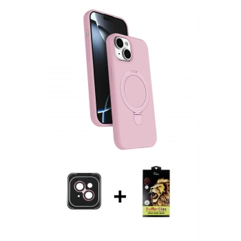 MARSİLYAN™- iPhone 14 Kılıf İz Işık Koleksiyonu - Siyah Buffer Cam Ekran Koruyucu + PVD Metal Kamera Lens - PE
