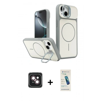 MARSİLYAN™- iPhone 14 Kılıf İz Modern Prime - Şeffaf Pasifik Cam Ekran Koruyucu + PVD Metal Kamera Lens - PE