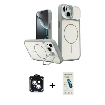 MARSİLYAN™- iPhone 14 Kılıf İz Modern Prime - Şeffaf Pasifik Cam Ekran Koruyucu + PVD Metal Kamera Lens - SH
