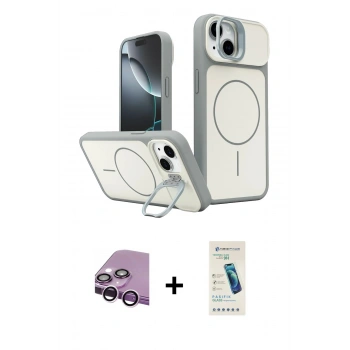 MARSİLYAN™- iPhone 14 Kılıf İz Modern Prime - Şeffaf Pasifik Cam Ekran Koruyucu + Raze Metal Kamera Lens - MR