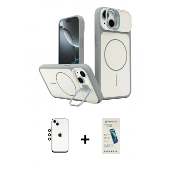 MARSİLYAN™- iPhone 14 Kılıf İz Modern Prime - Şeffaf Pasifik Cam Ekran Koruyucu + Shine Kamera Lens - GS