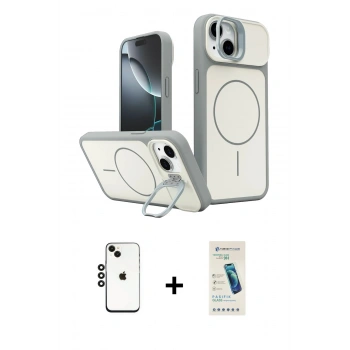 MARSİLYAN™- iPhone 14 Kılıf İz Modern Prime - Şeffaf Pasifik Cam Ekran Koruyucu + Shine Kamera Lens - SH