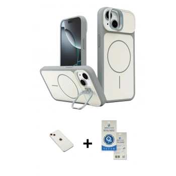 MARSİLYAN™- iPhone 14 Kılıf İz Modern Prime - Şeffaf Royal Nano Ekran Koruyucu + Diamond Kamera Lens - KI