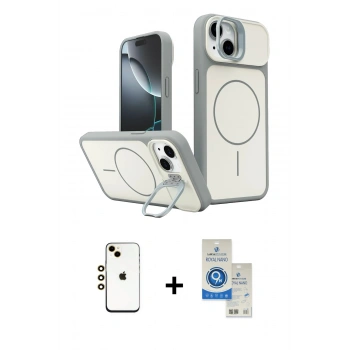 MARSİLYAN™- iPhone 14 Kılıf İz Modern Prime - Şeffaf Royal Nano Ekran Koruyucu + Shine Kamera Lens - GD