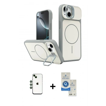 MARSİLYAN™- iPhone 14 Kılıf İz Modern Prime - Şeffaf Royal Nano Ekran Koruyucu + Shine Kamera Lens - YL