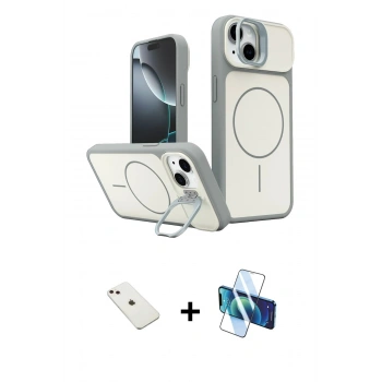 MARSİLYAN™- iPhone 14 Kılıf İz Modern Prime - Siyah 3D Antistatik Cam Ekran Koruyucu + Diamond Kamera Lens - PE