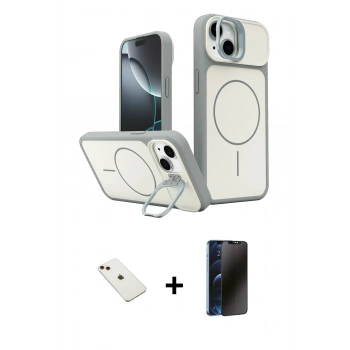 MARSİLYAN™- iPhone 14 Kılıf İz Modern Prime - Siyah 3D Antistatik Hayalet Cam Ekran Koruyucu + Diamond Kamera Lens - KI
