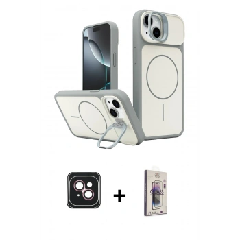 MARSİLYAN™- iPhone 14 Kılıf İz Modern Prime - Siyah Bilvis 3D Cam Ekran Koruyucu + PVD Metal Kamera Lens - PE