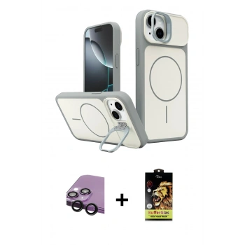 MARSİLYAN™- iPhone 14 Kılıf İz Modern Prime - Siyah Buffer Cam Ekran Koruyucu + Raze Metal Kamera Lens - SH