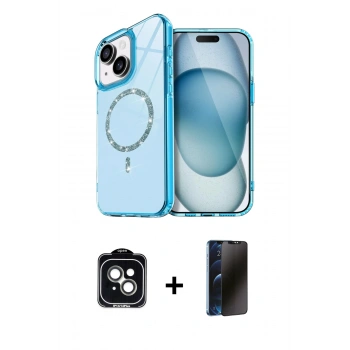 MARSİLYAN™- iPhone 14 Kılıf Kıvılcım Form Prime - Siyah 3D Antistatik Hayalet Cam Ekran Koruyucu + PVD Metal Kamera Lens - YL
